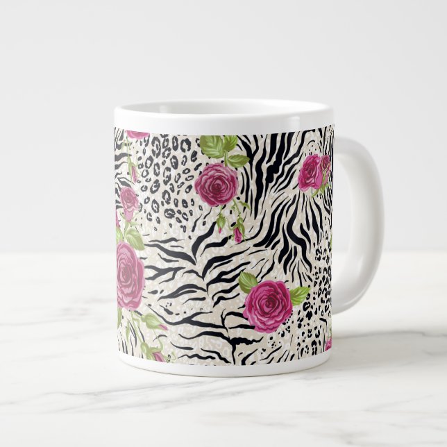 Caneca De Café Grande Rosas No Padrão Animal (Frente Esquerda)