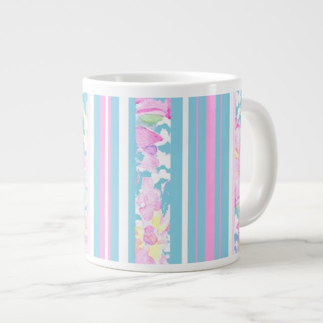 Caneca De Café Grande Rosas Rosa-Chic, Tiras Turquesas: Grande Caneca De (Frente Esquerda)