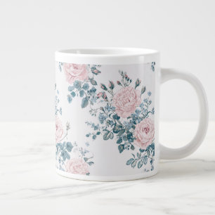 Caneca De Café Grande Rosas Rosa em Branco