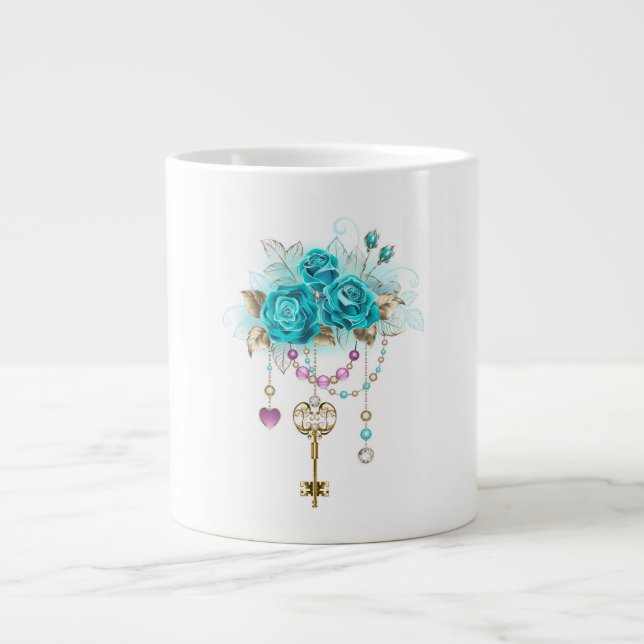 Caneca De Café Grande Rosas Turquesa com Chaves (Frente)
