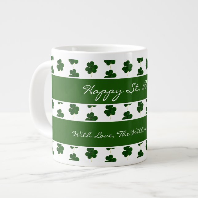 Caneca De Café Grande Rua De Texto Personalizado De Shamrock Clover. Pat (Frente Esquerda)