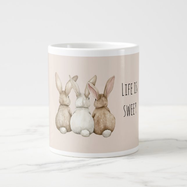 Caneca De Café Grande Rubor Creme Três Coelhinhos Fofos (Frente)