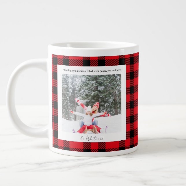 Caneca De Café Grande Rustic Green Red Plaid Monogram 2 Photo Christmas (Esquerda)