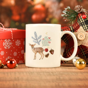 Caneca De Café Grande Rustic Watercolor Deer e Botanicals Natal