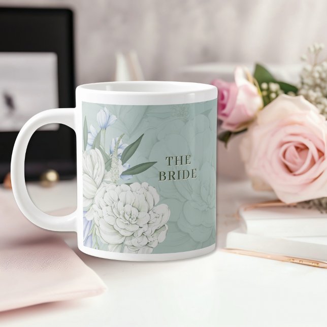 Caneca De Café Grande Sage Green & White Peony Floral Jumbo Mug (Left)