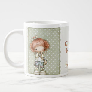 Caneca De Café Grande Sage Verde Creme Bege Caprichoso Bolinhas Ruiva