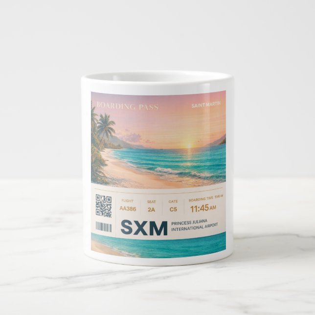 Caneca De Café Grande Saint Martin SXM Boarding Pass Sunset (Frente)