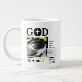 Caneca De Café Grande Salmo 121:2 Neon Olho De Deus Em CRT Arte Glitch