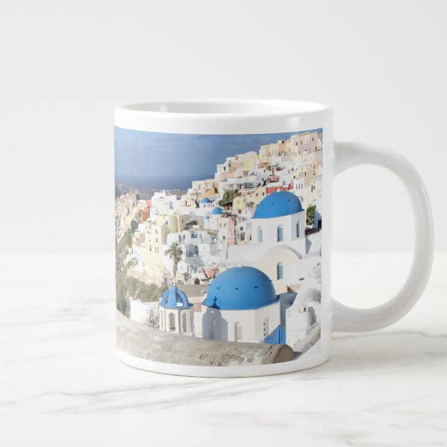 Caneca De Café Grande Santorini, Grécia, Oia, Mug, Branco, Azul (Direita)
