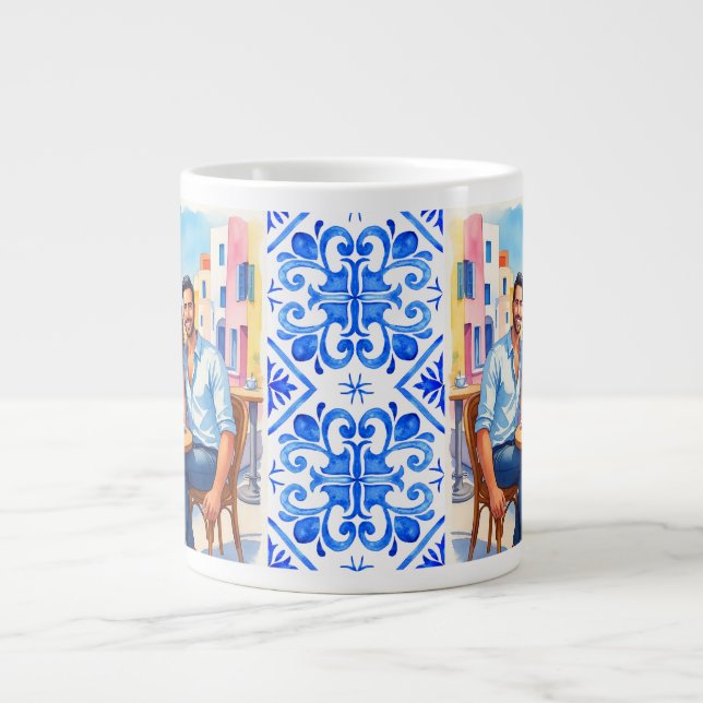 Caneca De Café Grande Santorini,Grego,Fuga Romântica (Frente)