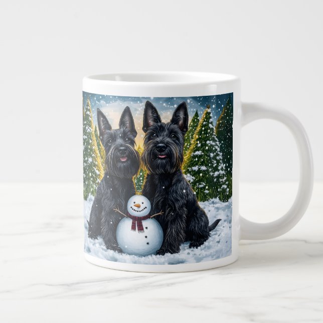 Caneca De Café Grande Scottish Terriers and Winter Snowman (Direita)