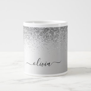 Caneca De Café Grande Script Girly Sparkle Glitter Monograma de Silver