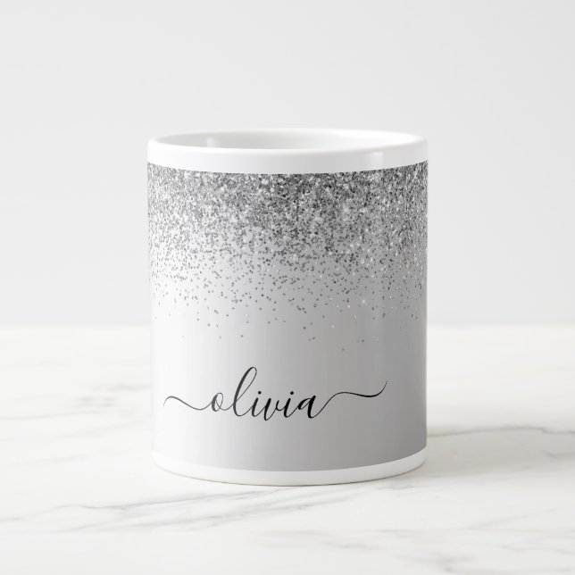 Caneca De Café Grande Script Girly Sparkle Glitter Monograma de Silver (Frente)