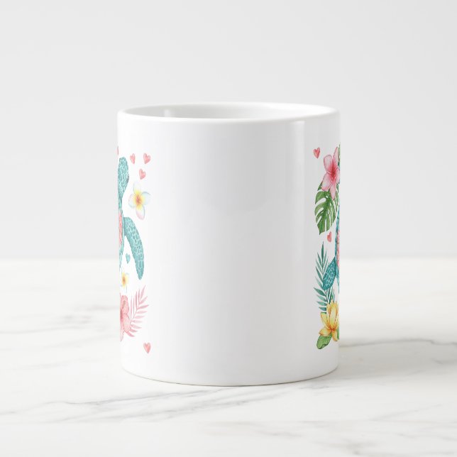 Caneca De Café Grande Sea Turtle Tropical Flowers Summer (Frente)