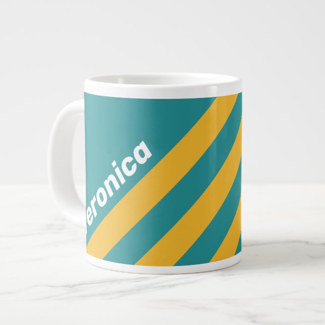 Caneca De Café Grande Seashell Sunrise Stripes with Name (Frente Esquerda)