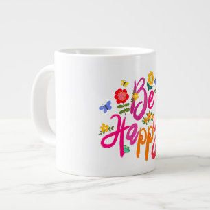Caneca De Café Grande Seja Feliz – Floral Colorido e Borboleta Boho
