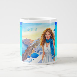 Caneca De Café Grande Senhora Adorável em um ofício azul apreciando Sant