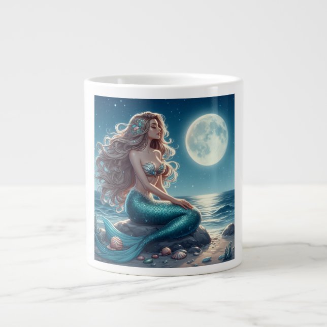 Caneca De Café Grande Sereia na praia à noite (Frente)