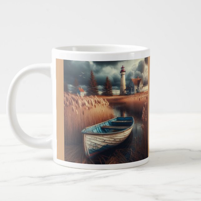 Caneca De Café Grande Serenidade Costeira: Farol e Rowboat (Esquerda)