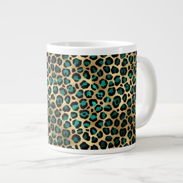 Caneca De Café Grande Série Leopardo-Teal e Dourada Design 14 (Frente Esquerda)