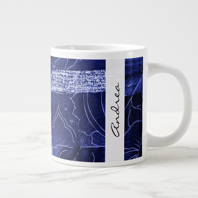 Caneca De Café Grande Seu Nome - Patchwork, Flowers, Swirls - Azul (Direita)