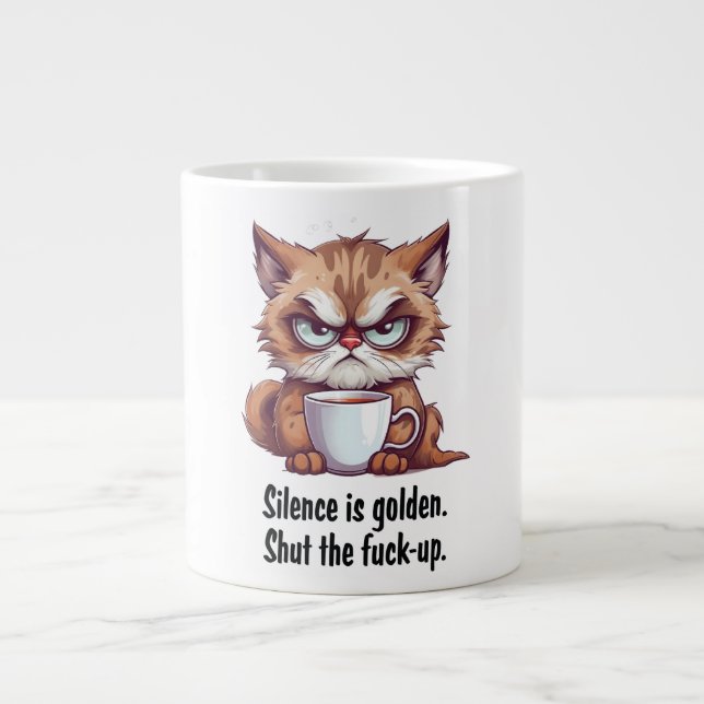 Caneca De Café Grande Silêncio É Ouro Engraçado Gato Cita Café Mug (Frente)