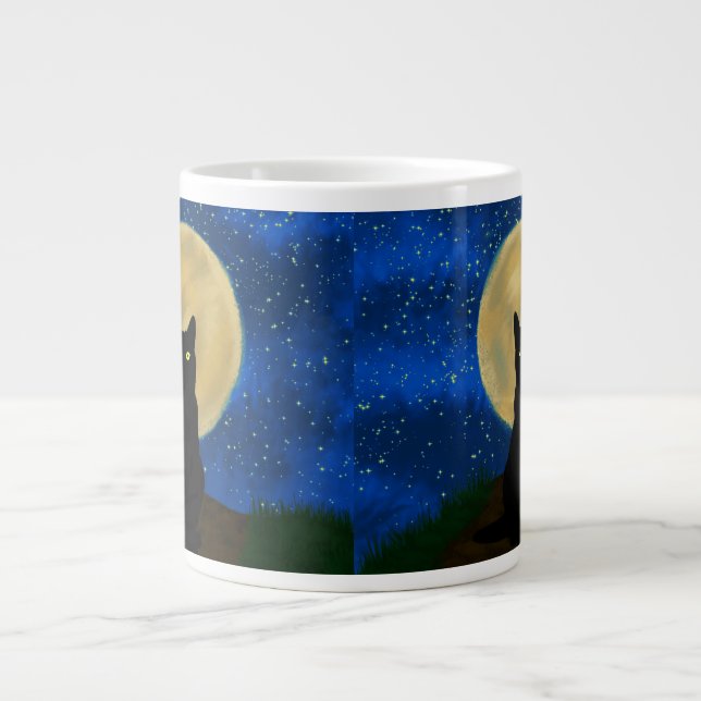 Caneca De Café Grande Silhouette Moonlit Black Cat Halloween (Frente)