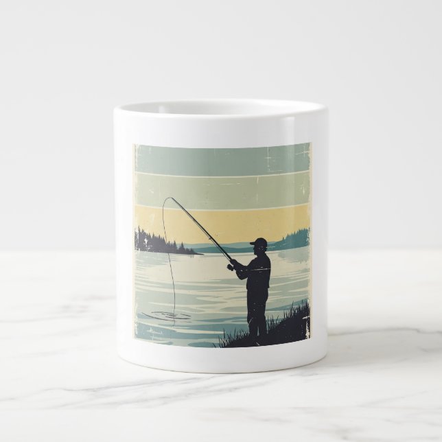 Caneca De Café Grande Silhueta de Pesca Vintage à Beira do Lago (Frente)