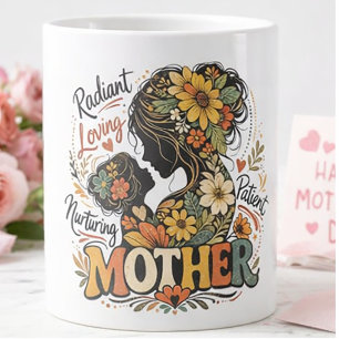 Caneca De Café Grande Silhueta Floral Mãe Radiante