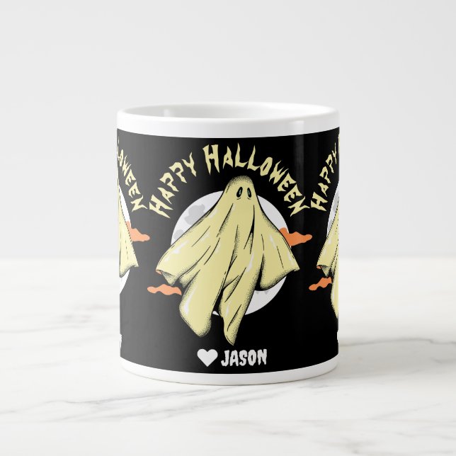 Caneca De Café Grande Simples Feliz Fantasma Louco de Halloween (Frente)