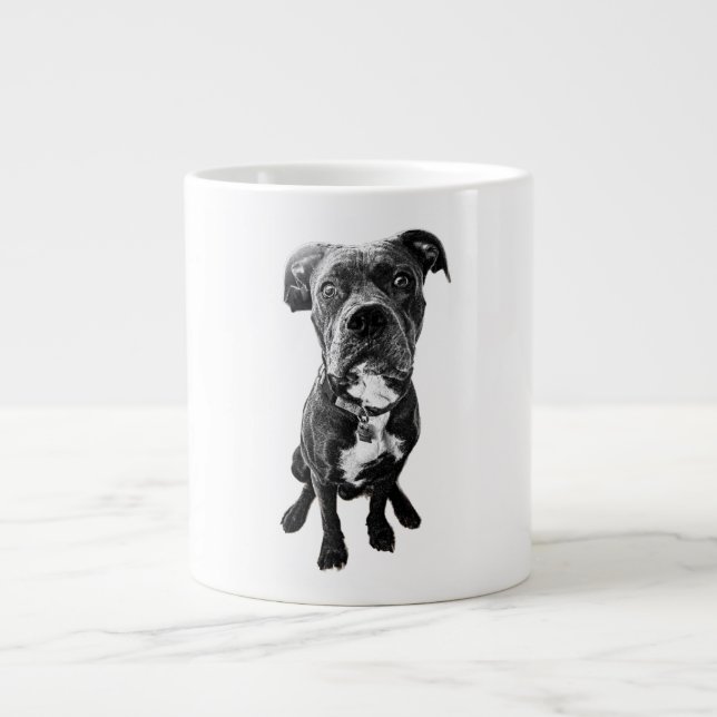 Caneca De Café Grande Sitting Dog Portrait Mug – Realistic Black & White (Frente)