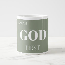 Caneca De Café Grande Slogan de Dizer de Fé Primeiro Deus Verde Sage Mod