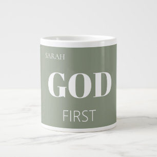 Caneca De Café Grande Slogan de Dizer de Fé Primeiro Deus Verde Sage Mod