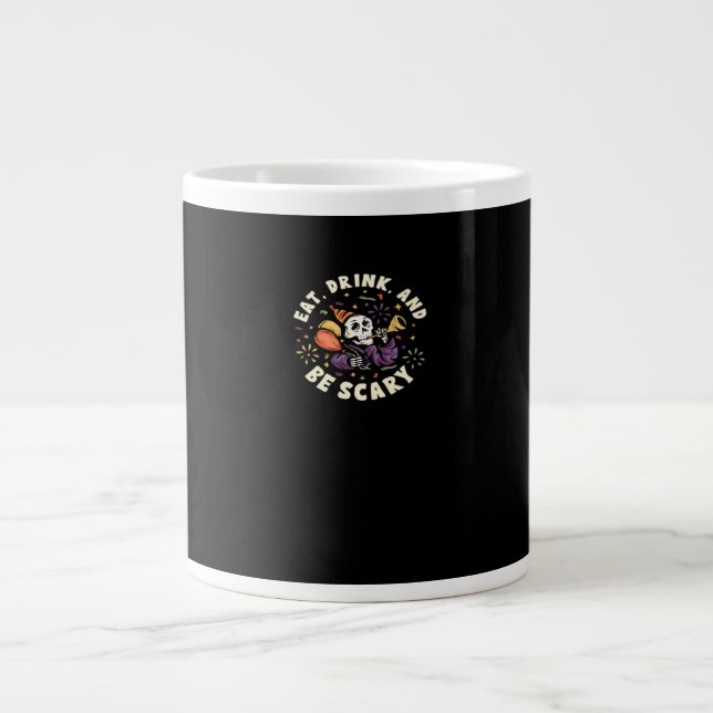 Caneca De Café Grande Spooky Skeleton Celebrating Halloween Eat Drink (Frente)