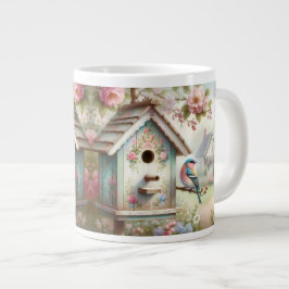 Caneca De Café Grande Spring Birdhouse With Pastel Flowers And Bird