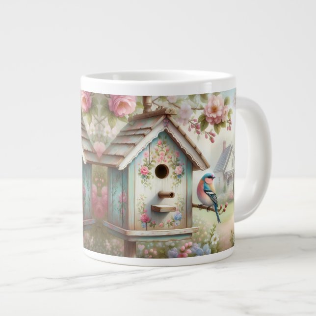 Caneca De Café Grande Spring Birdhouse With Pastel Flowers And Bird (Frente Esquerda)