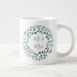 Caneca De Café Grande Sr. e Sra. | Casamento Rustic Green Wreath