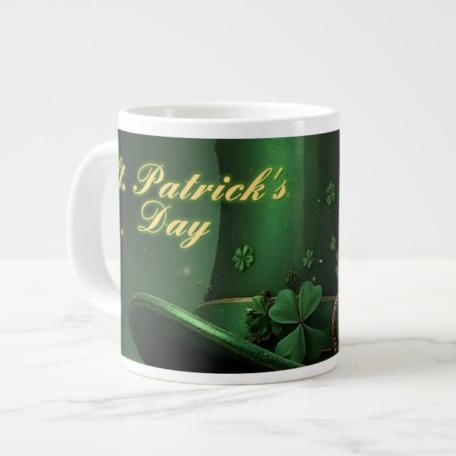 Caneca De Café Grande St. Patrick’s Day Hat and Shamrock Design (Frente Esquerda)