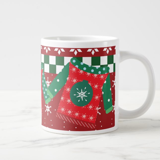 Caneca De Café Grande Suéter Feio-Neve Padrão Verde Vermelho (Direita)