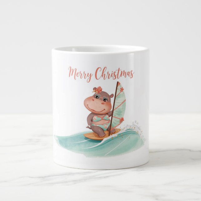 Caneca De Café Grande Surfing Hippo Bikini Christmas  (Frente)