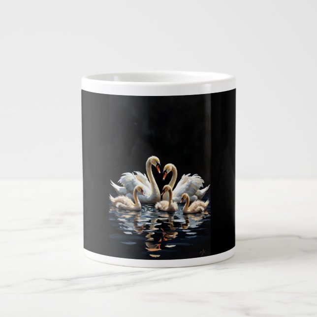 Caneca De Café Grande Swan Family on Black Lake Artwork (Frente)