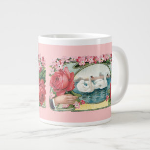 Caneca De Café Grande Swans e Rosas Vintage Vitoriano