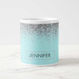 Caneca De Café Grande Teal Aqua Blue Silver Glitter Girly Monographic No