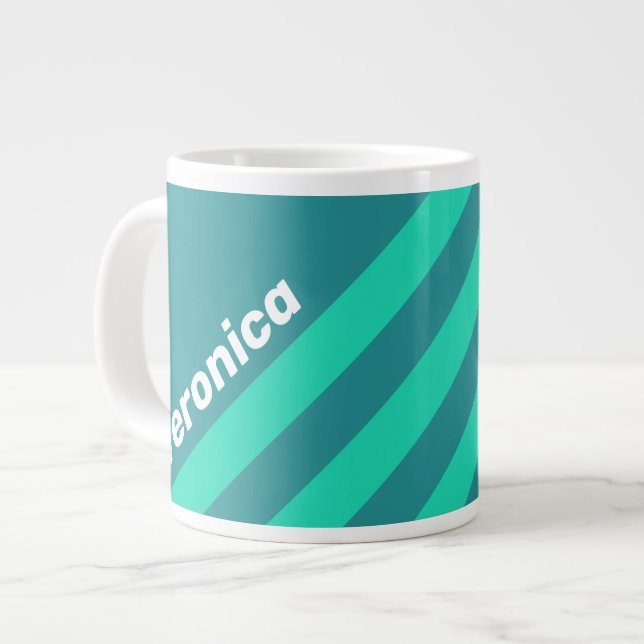 Caneca De Café Grande Teal Beach Breeze Stripes with Name (Frente Esquerda)