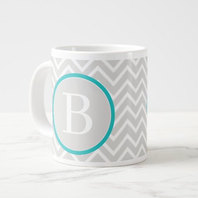 Caneca De Café Grande Teal Green Chevron Monograma Giant Coffee Mug (Frente Esquerda)