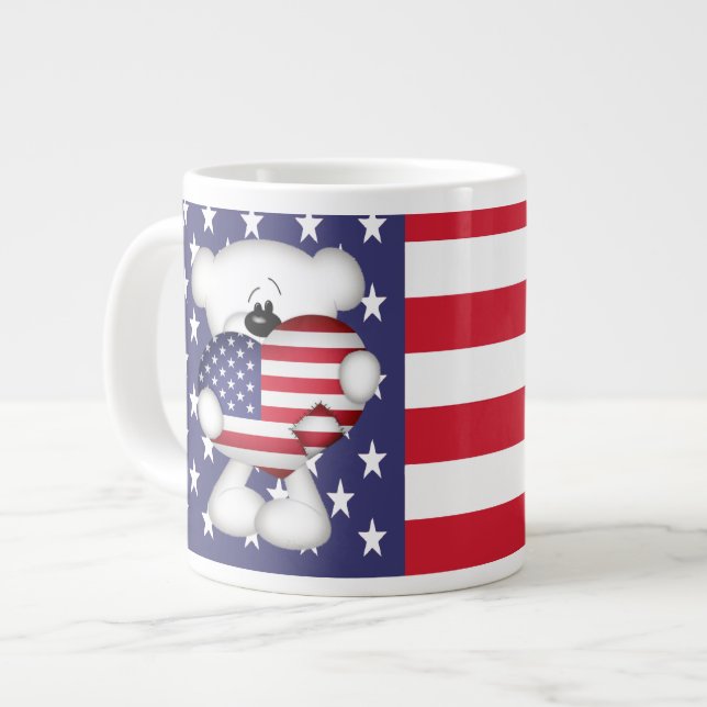 Caneca De Café Grande Teddy Bear e Big USA Flag Heart (Frente Esquerda)