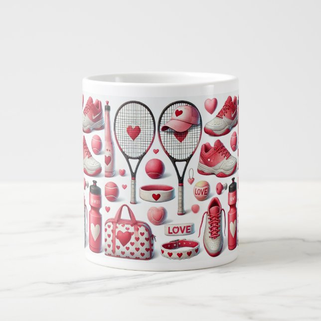 Caneca De Café Grande Tennis Love themed in red and white with heart  (Frente)