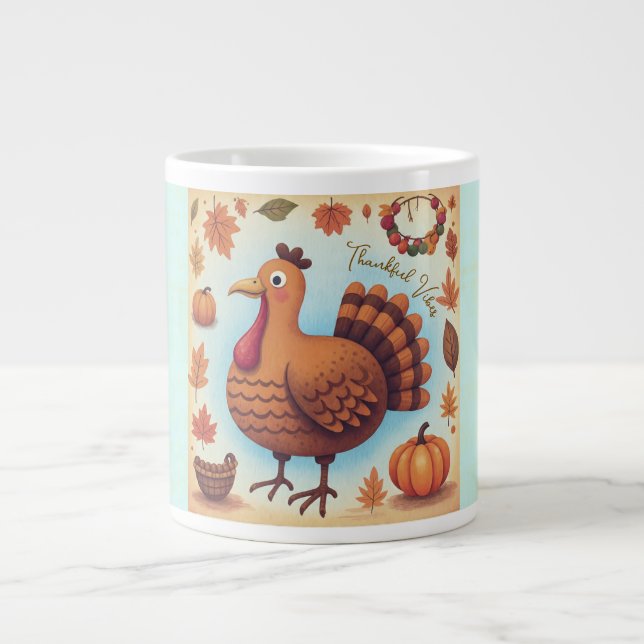 Caneca De Café Grande Thanksgiving,Thankful Vibes,Cute Turkey (Frente)