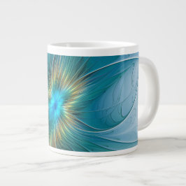 Caneca De Café Grande The little Beauty Modern Blue Gold Fractal Flower
