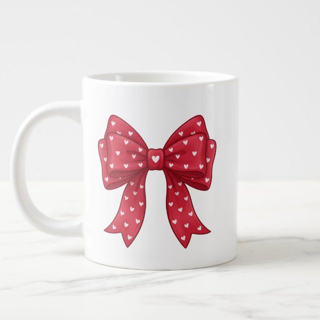 Caneca De Café Grande Trendy Coquette Red Ribbon Bow with White Hearts (Esquerda)